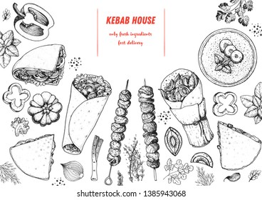 Doner kebab cooking and ingredients for kebab, sketch illustration. Arabic cuisine frame. Fast food menu design elements. Shawarma hand drawn frame. Middle eastern food. 