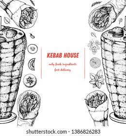 Doner kebab cooking and ingredients for kebab, sketch illustration. Arabic cuisine frame. Fast food menu design elements. Shawarma hand drawn frame. Middle eastern food. 