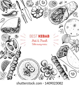 Doner kebab cooking and ingredients for kebab, sketch illustration. Arabic cuisine frame. Fast food menu design elements. Shawarma hand drawn frame. Middle eastern food. 