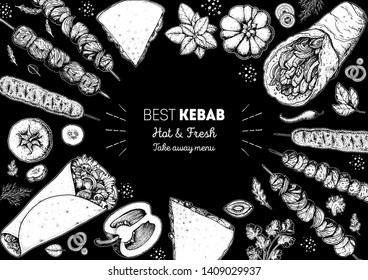 Doner kebab cooking and ingredients for kebab, sketch illustration. Arabic cuisine frame. Fast food menu design elements. Shawarma hand drawn frame. Middle eastern food.