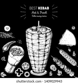 Doner kebab cooking and ingredients for kebab, sketch illustration. Arabic cuisine frame. Fast food menu design elements. Shawarma hand drawn frame. Middle eastern food.