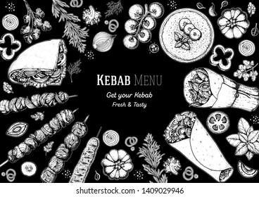 Doner kebab cooking and ingredients for kebab, sketch illustration. Arabic cuisine frame. Fast food menu design elements. Shawarma hand drawn frame. Middle eastern food.