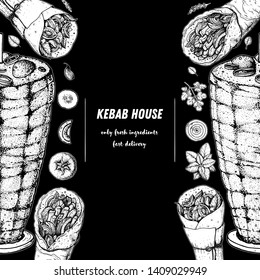 Doner kebab cooking and ingredients for kebab, sketch illustration. Arabic cuisine frame. Fast food menu design elements. Shawarma hand drawn frame. Middle eastern food.
