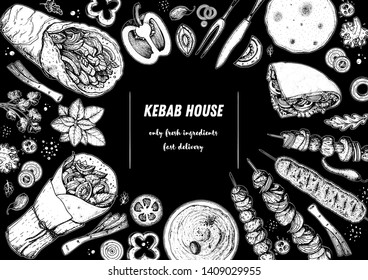 Doner kebab cooking and ingredients for kebab, sketch illustration. Arabic cuisine frame. Fast food menu design elements. Shawarma hand drawn frame. Middle eastern food.