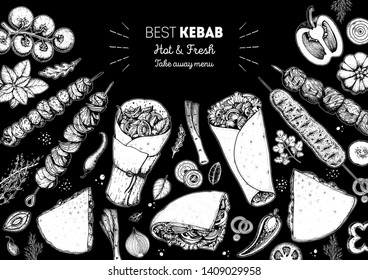 Doner kebab cooking and ingredients for kebab, sketch illustration. Arabic cuisine frame. Fast food menu design elements. Shawarma hand drawn frame. Middle eastern food.