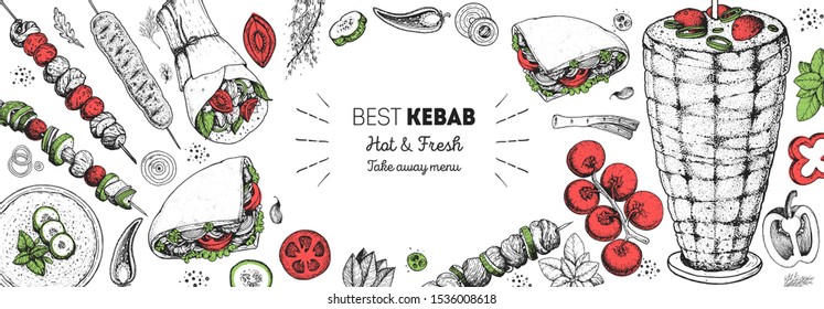 Doner kebab cooking and ingredients for kebab, sketch illustration. Arabic cuisine frame. Fast food menu design elements. Shawarma hand drawn frame. Middle eastern food. 