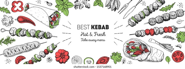 Doner Kebab Cooking And Ingredients For Kebab, Sketch Illustration. Arabic Cuisine Frame. Fast Food Menu Design Elements. Shawarma Hand Drawn Frame. Middle Eastern Food. 
