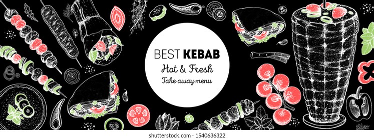 Doner kebab cooking and ingredients for kebab, sketch illustration. Arabic cuisine frame. Fast food menu design elements. Shawarma hand drawn frame. Middle eastern food. 