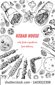 Doner kebab cooking and ingredients for kebab, sketch illustration. Arabic cuisine frame. Fast food menu design elements. Shawarma hand drawn frame. Middle eastern food.