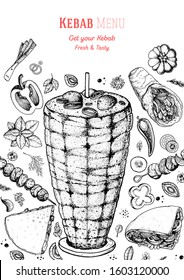 Doner kebab cooking and ingredients for kebab, sketch illustration. Arabic cuisine frame. Fast food menu design elements. Shawarma hand drawn frame. Middle eastern food.