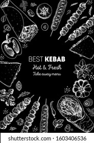 Doner kebab cooking and ingredients for kebab, sketch illustration. Arabic cuisine frame. Fast food menu design elements. Shawarma hand drawn frame. Middle eastern food.