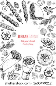 Doner kebab cooking and ingredients for kebab, sketch illustration. Arabic cuisine frame. Fast food menu design elements. Shawarma hand drawn frame. Middle eastern food.