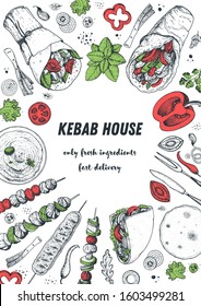 Doner kebab cooking and ingredients for kebab, sketch illustration. Arabic cuisine frame. Fast food menu design elements. Shawarma hand drawn frame. Middle eastern food.