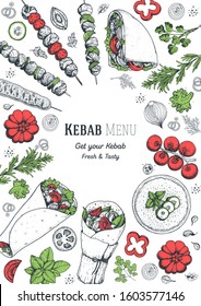 Doner kebab cooking and ingredients for kebab, sketch illustration. Arabic cuisine frame. Fast food menu design elements. Shawarma hand drawn frame. Middle eastern food.