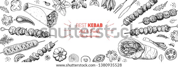 ドネルケバブの料理とケバブの具 スケッチイラスト アラビア料理の枠