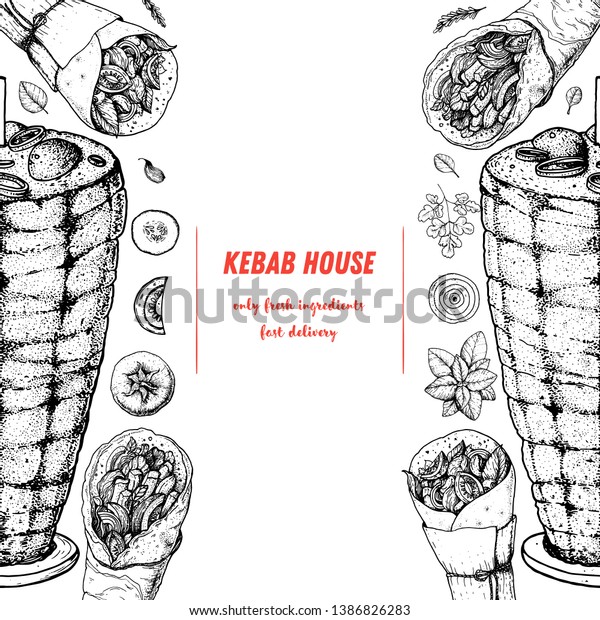 Doner Kebab Cooking Ingredients Kebab Sketch Stock Vector (Royalty Free ...