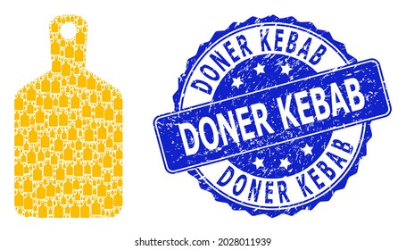 Doner Kebab dirty round stamp and vector fractal collage cutting board. Blue stamp seal has Doner Kebab title inside round shape. Vector mosaic is made with repeating cutting board icons.