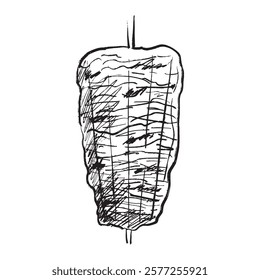 Doner kebab drawing in black isolated on white background. Shawarma cooking. Fast food menu design. Hand drawn vector sketch illustration in vintage charcoal ink style. Meat on skewer