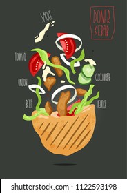 Doner kebab - grilled meat, bread and vegetables. Vector illustration