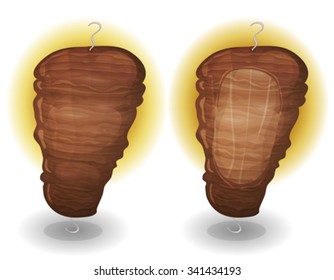 Doner Kebab Halal Meat/
Illustration of appetizing cartoon fast food doner kebab halal meat for oriental takeout restaurant