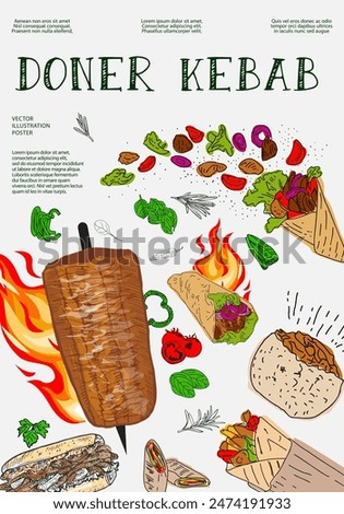 Doner kebab Hand drawn vector illustration. Making doner kebab and kebab ingredients. Fast food design elements. Restaurant cafe poster, template design. 