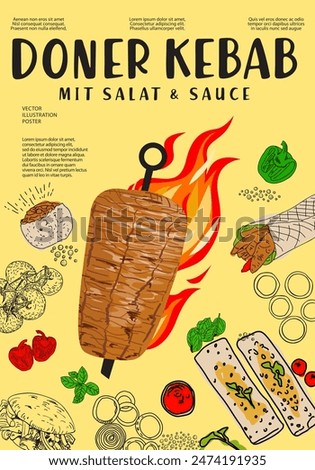 Doner kebab Hand drawn vector illustration. Making doner kebab and kebab ingredients. Fast food design elements. Restaurant cafe poster, template design. 