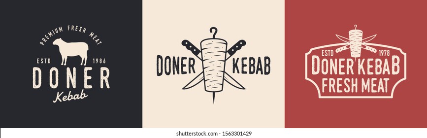 Doner Kebab hipster logo set. Logo for Kebab, restaurant with kebab and knives. Typography restaurant. Vector logo, sticker, poster template for meat store, restaurant, kebab cafe.