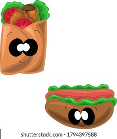 The Doner kebab and hot dog in cartoon style
