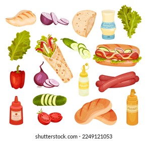 Doner Kebab and Hot Dog Sandwich Ingredients Big Vector Set