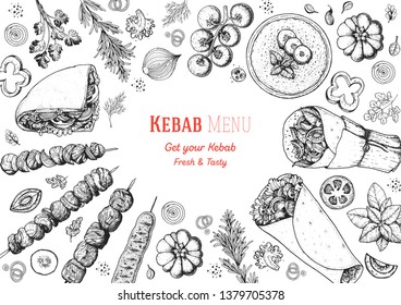 Doner Kebab And Ingredients For Kebab, Sketch Illustration. Arabic Cuisine Frame. Fast Food Menu Design Elements. Shawarma Hand Drawn Frame. Middle Eastern Food. 