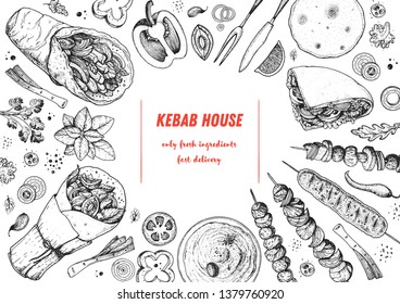 Doner kebab and ingredients for kebab, sketch illustration. Arabic cuisine frame. Fast food menu design elements. Shawarma hand drawn frame. Middle eastern food. 