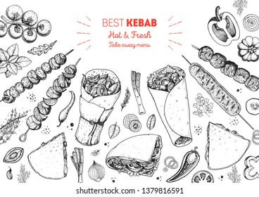 Doner kebab and ingredients for kebab, sketch illustration. Arabic cuisine frame. Fast food menu design elements. Shawarma hand drawn frame. Middle eastern food. 