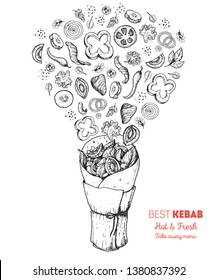 Doner kebab and ingredients for kebab, sketch illustration. Flying salad concept. Arabic cuisine frame. Fast food menu design elements. Shawarma hand drawn. Middle eastern food. 