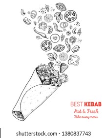 Doner kebab and ingredients for kebab, sketch illustration. Flying salad concept. Arabic cuisine frame. Fast food menu design elements. Shawarma hand drawn. Middle eastern food. 