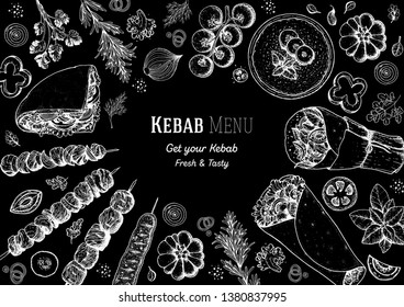 Doner kebab and ingredients for kebab, sketch illustration. Arabic cuisine frame. Fast food menu design elements. Shawarma hand drawn frame. Middle eastern food. 