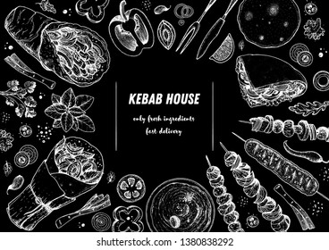 Doner kebab and ingredients for kebab, sketch illustration. Arabic cuisine frame. Fast food menu design elements. Shawarma hand drawn frame. Middle eastern food. 