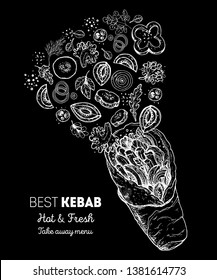 Doner kebab and ingredients for kebab, sketch illustration. Flying salad concept. Arabic cuisine frame. Fast food menu design elements. Shawarma hand drawn. Middle eastern food. 