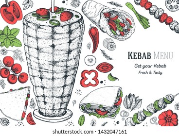 Doner kebab and ingredients for kebab, sketch illustration. Turkish food. Shawarma hand drawn frame. Arabic cuisine frame. Fast food menu design elements. Middle eastern food.