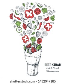 Doner kebab and ingredients for kebab, sketch illustration. Flying salad concept. Arabic cuisine frame. Fast food menu design elements. Shawarma hand drawn. Middle eastern food. 