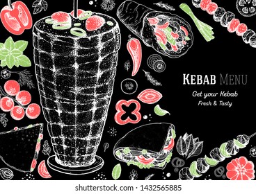 Doner kebab and ingredients for kebab, sketch illustration. Turkish food. Shawarma hand drawn frame. Arabic cuisine frame. Fast food menu design elements. Middle eastern food.