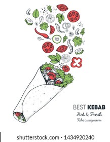 Doner kebab and ingredients for kebab, sketch illustration. Flying salad concept. Arabic cuisine frame. Fast food menu design elements. Shawarma hand drawn. Middle eastern food. 