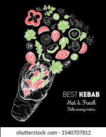 Doner kebab and ingredients for kebab, sketch illustration. Flying salad concept. Arabic cuisine frame. Fast food menu design elements. Shawarma hand drawn. Middle eastern food.