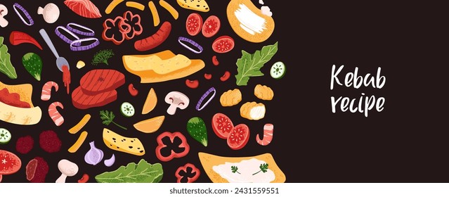 Doner kebab ingredients, vegetables on black background. Advertising horizontal banner of shawarma, shawerma. Fast food cover with place for text. Fastfood restaurant menu. Flat vector illustration