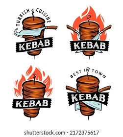 Doner Kebab with knives. Labels for Turkish and Arabian fast food restaurant. Rotating spit with fried meat logo