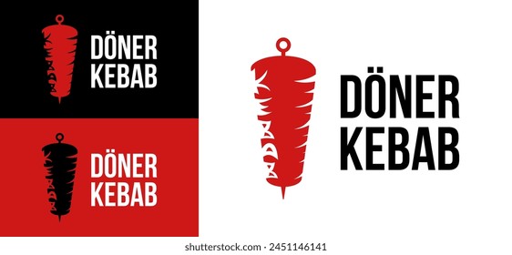 Logo de Doner Kebab. Anuncio de comida rápida diseño creativo. Logotipo de Döner Kebab. Ilustración vectorial Shashlik. Etiqueta de barbacoa árabe. Rótulo Shawarma. Icono de carne halal. Insignia de pincho aislada.