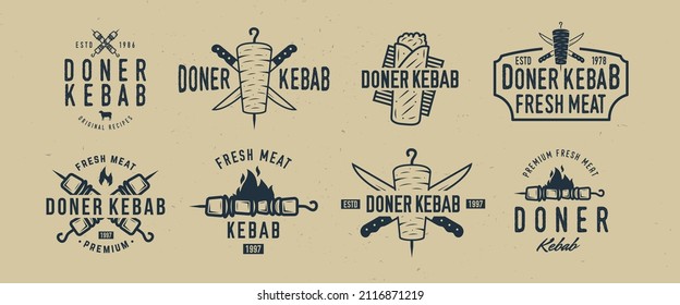 Doner Kebab logo set. 8 Vintage doner kebab emblems. Shawarma logotype set. Kebab, Shashlik labels for barbecue, grill, restaurant, fast food, menu design. Vector illustration