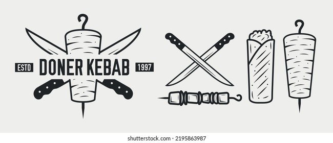 Doner Kebab logo. Kebab set isolated on white background. Meat knives, kebab, shawarma, Shashlik on skewer. Kebab vintage design element for restaurant menu, logo, poster. Vector illustration