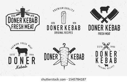 Doner kebab logo set. Vector kebab, shawarma, lamb, kebab sandwich logo set with grunge texture isolated on white background.