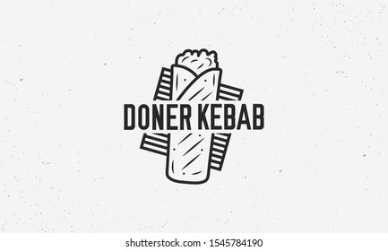 Plantilla con el logo de Doner Kebab con sandwich kebab y parrilla. Logo de Kebab aislado de fondo blanco. Diseño de moda. Ilustración del vector