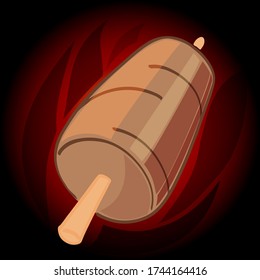 Doner kebab meat on fire. Doodle, cartoon style skewer for street food, shawarma. Oriental cuisine famous meal. Turkish cafe, national restaurant logo, banner. Middle Eastern traditional fastfood 